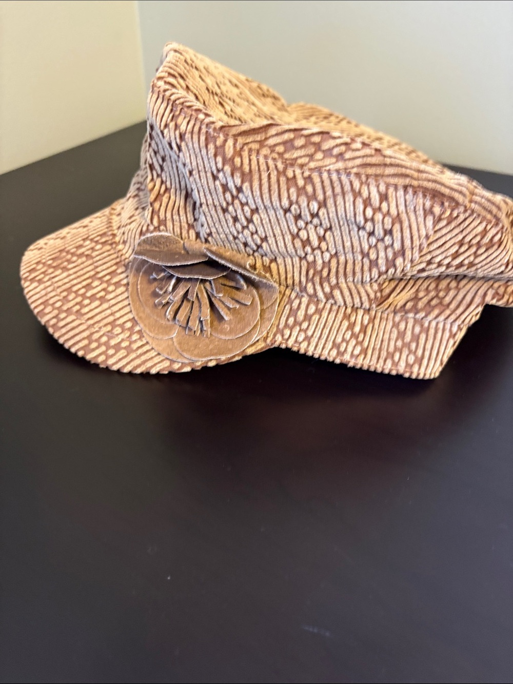 August Hats Textured Corduroy Flower Newsboy Cap - Tan